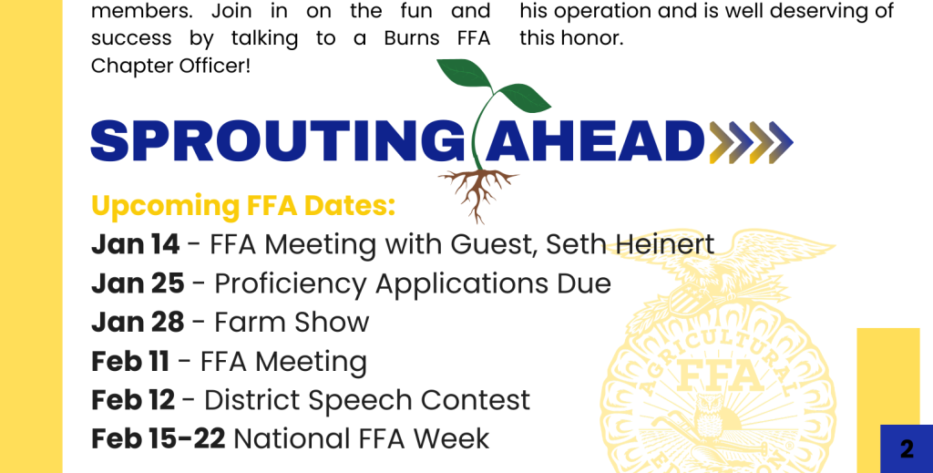 The “Sprouting Ahead” section at the bottom of the Blue & Gold Newsletter keeps members and parents informed about upcoming events.