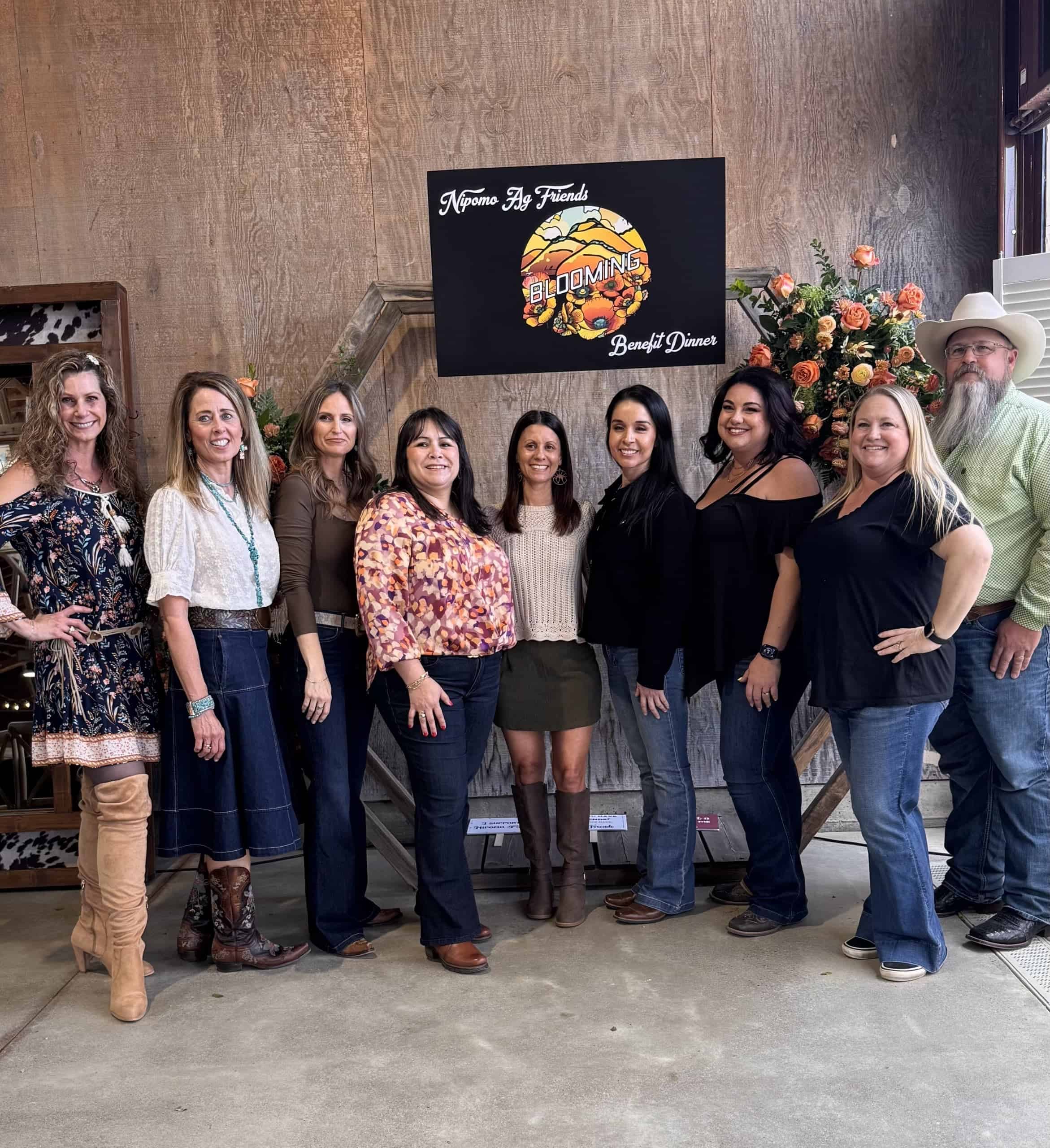 The 2024–25 Ag Friends Officer Team, from left to right: Caroline Hileman, Rosemary Cummings, Julianne Hill, Liz Smith, Ashley Brackett, Elisa Guerrero, Melissa Quaresma, Sarah Watkins and Scott Wonnell.