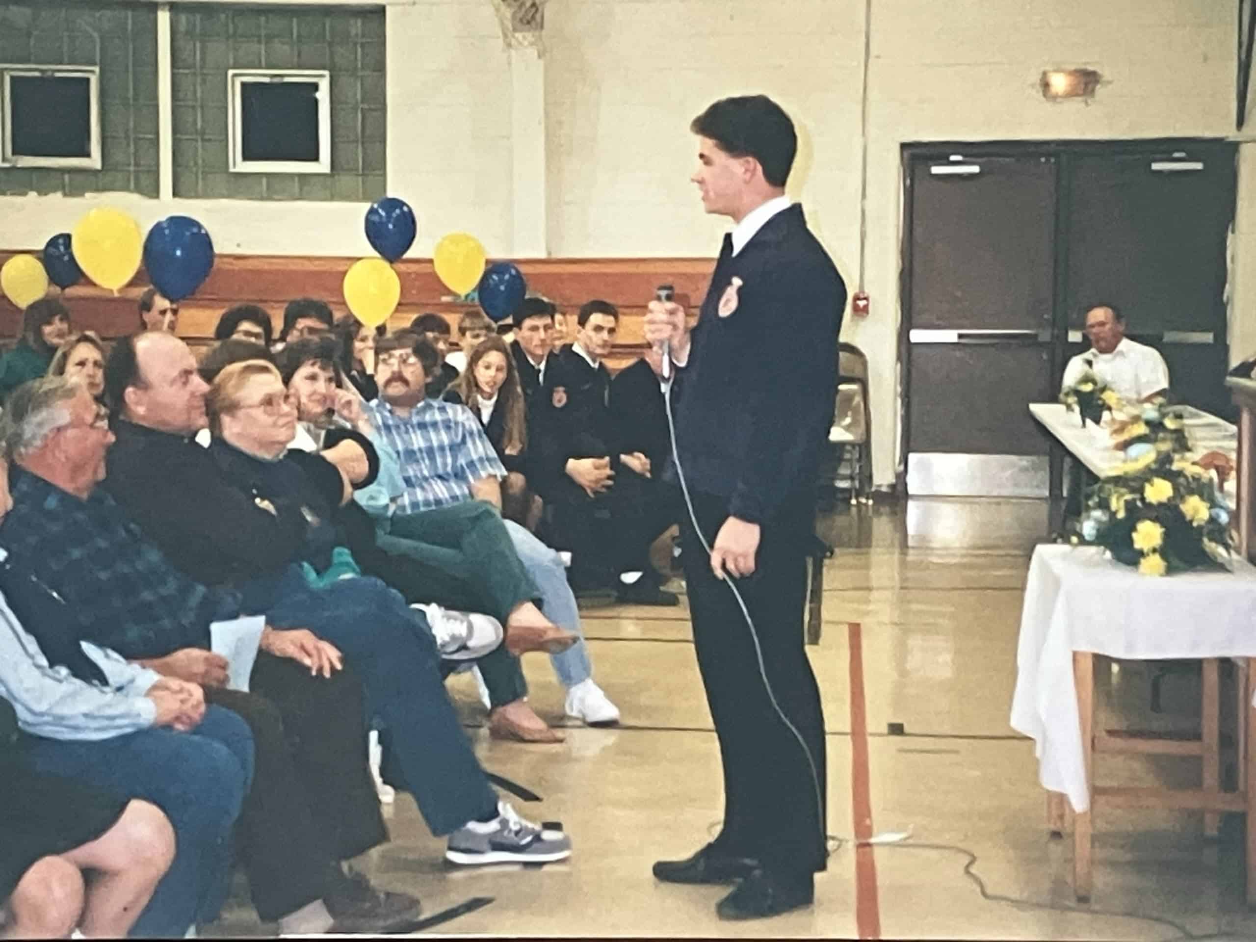 Granton FFA Alumnus Pat Sternitzky presents at the annual Granton FFA Chapter banquet.