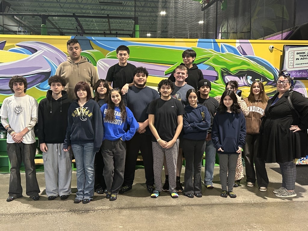 New Horizons FFA members and 2024-25 National FFA Secretary Luke Jennings (middle row, far right) have fun at a trampoline park. Photo courtesy of Carol Travis.