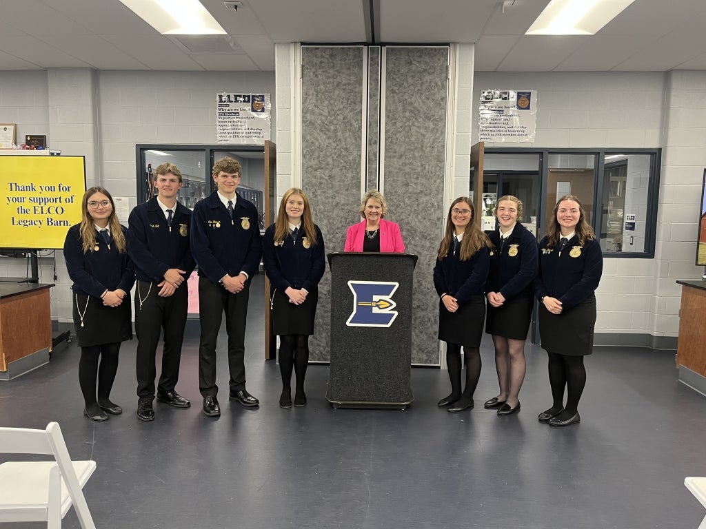 The Eastern Lebanon County FFA officers and Superintendent Julia Vicente, who gave the pitch.
