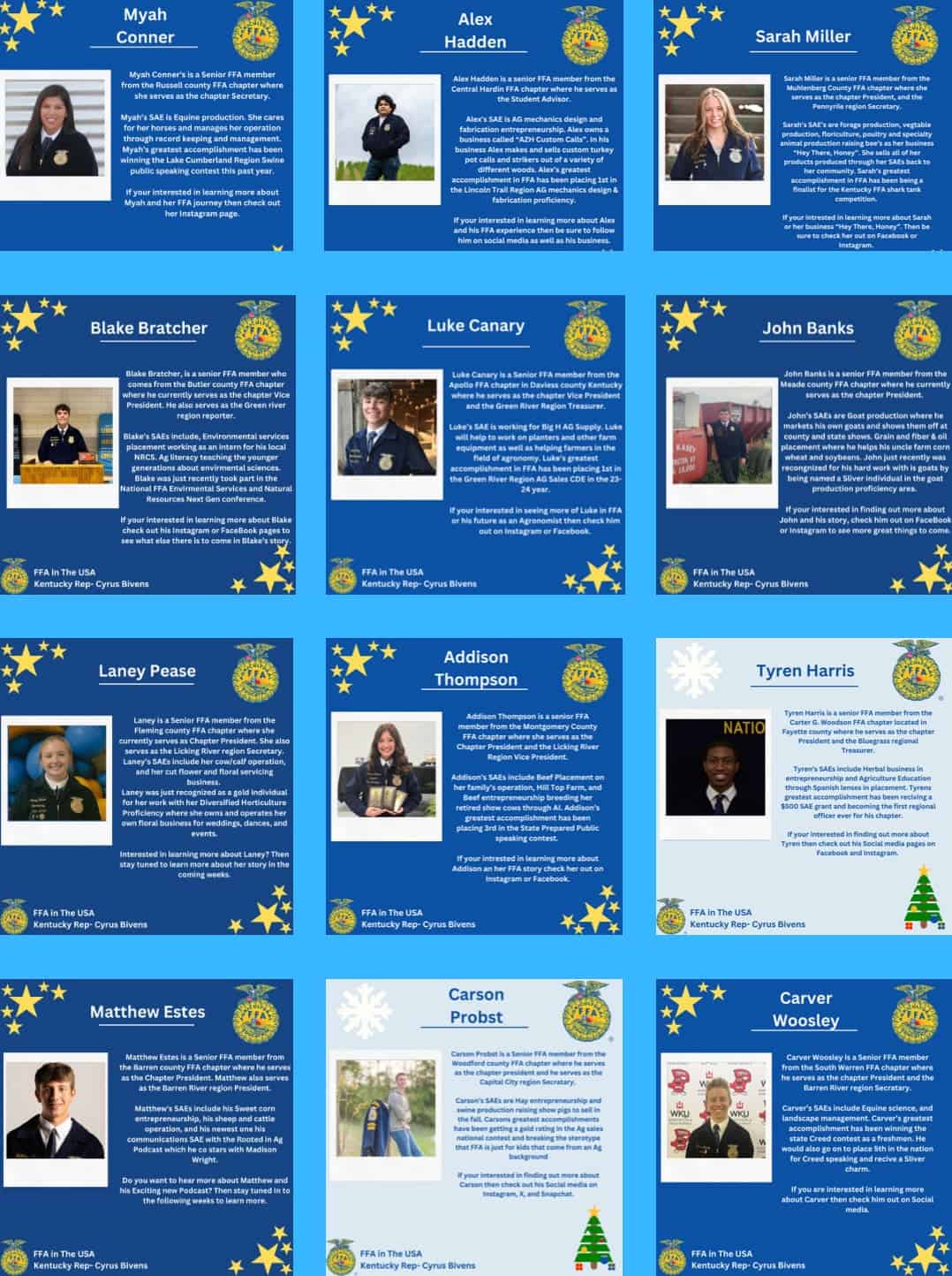 Several examples of the spotlight pages, including ones that were altered to showcase Kentucky FFA members who were FFA in the USA reporters, seasonal themed pages and the regular themed ones.