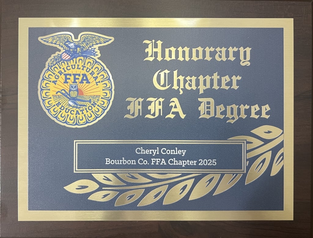 An example of an honorary membership plaque awarded by the Bourbon County FFA Chapter.