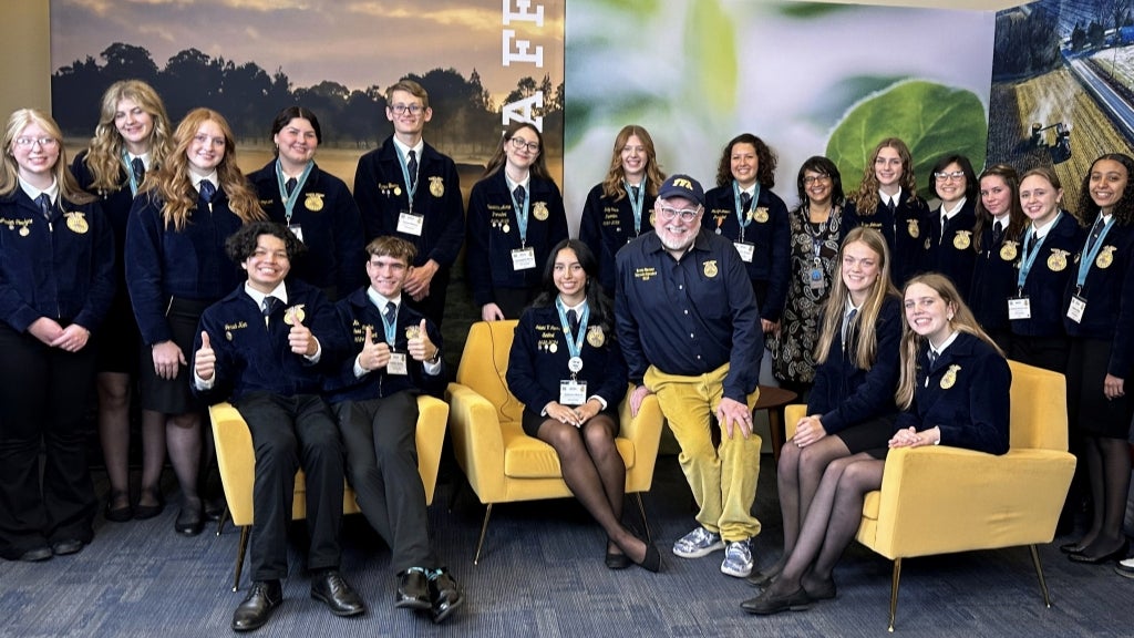 Members of the 2024-25 FFA in the USA reporters cohort tour the FFA Live! studio during the 97th National FFA Convention &amp; Expo.