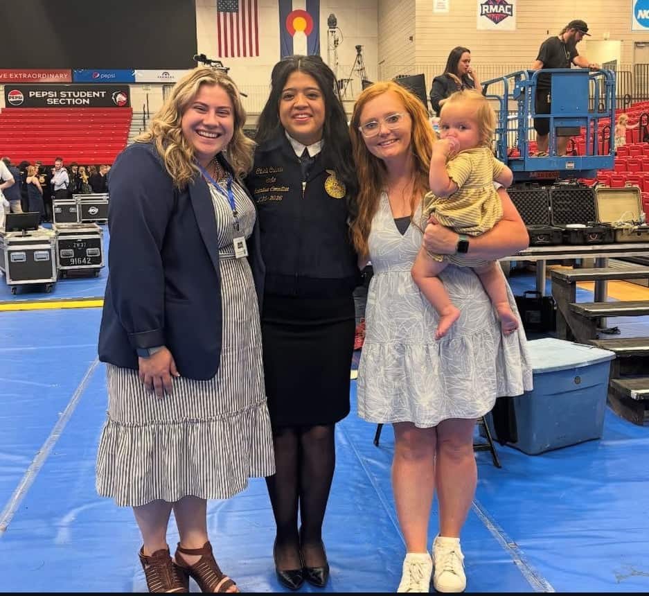 Ainsley Delmore with newly elected state officer Citlali Calixto (center) and cooperating teacher Sarah Madsen (right).