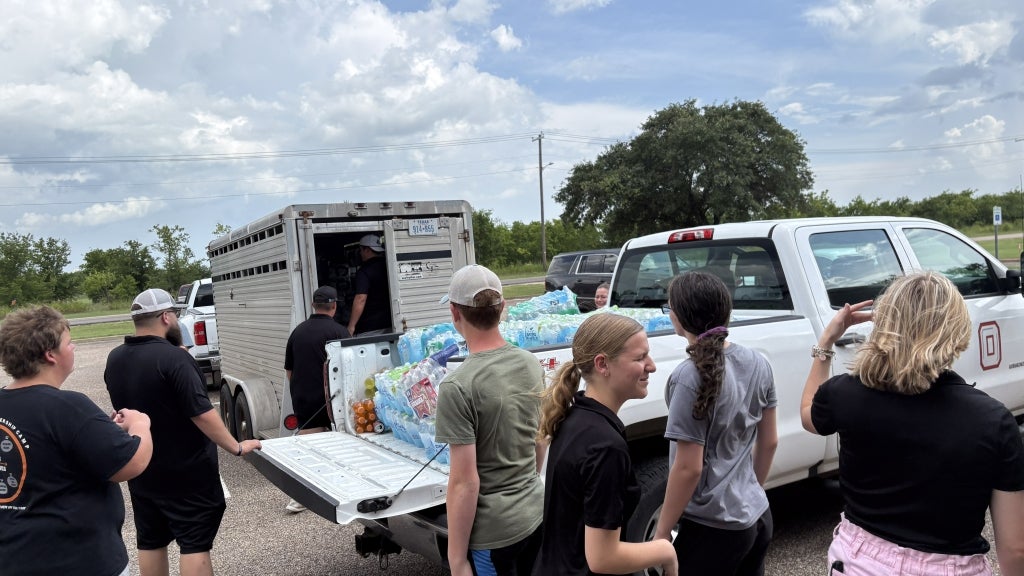 After loading up supplies, McGregor FFA members formed a caravan to distribute them to those in need. Photo courtesy of Scarlett Sprayberry.