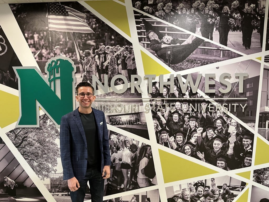 Sanchez visits his alma mater, Northwest Missouri State University, where he’s served on the Foundation Board of Directors. Photo courtesy of Thomas Sanchez and Leslie Albrecht.