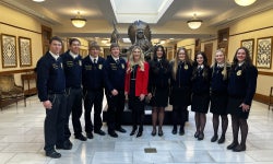 Wyoming 2024-2025 State Officers with Superintendent Degenfelder. Left to Right: Shawn Bassart, Anthony Quick, Spencer Rabou, Wyatt Blackmore, Megan Degenfelder, Riley Banker, Emmer Pehringer, Shelby Clark, Ahnya Ivie-Moody, Sage Wells