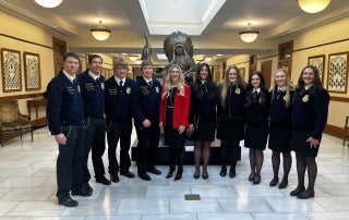 Wyoming 2024-2025 State Officers with Superintendent Degenfelder. Left to Right: Shawn Bassart, Anthony Quick, Spencer Rabou, Wyatt Blackmore, Megan Degenfelder, Riley Banker, Emmer Pehringer, Shelby Clark, Ahnya Ivie-Moody, Sage Wells