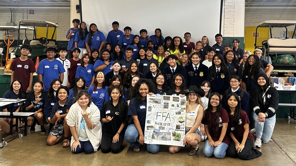 Participating Hawai`i FFA members smile for a group photo during one of the leadership workshops. Photo courtesy of Lakeisha Quitog.