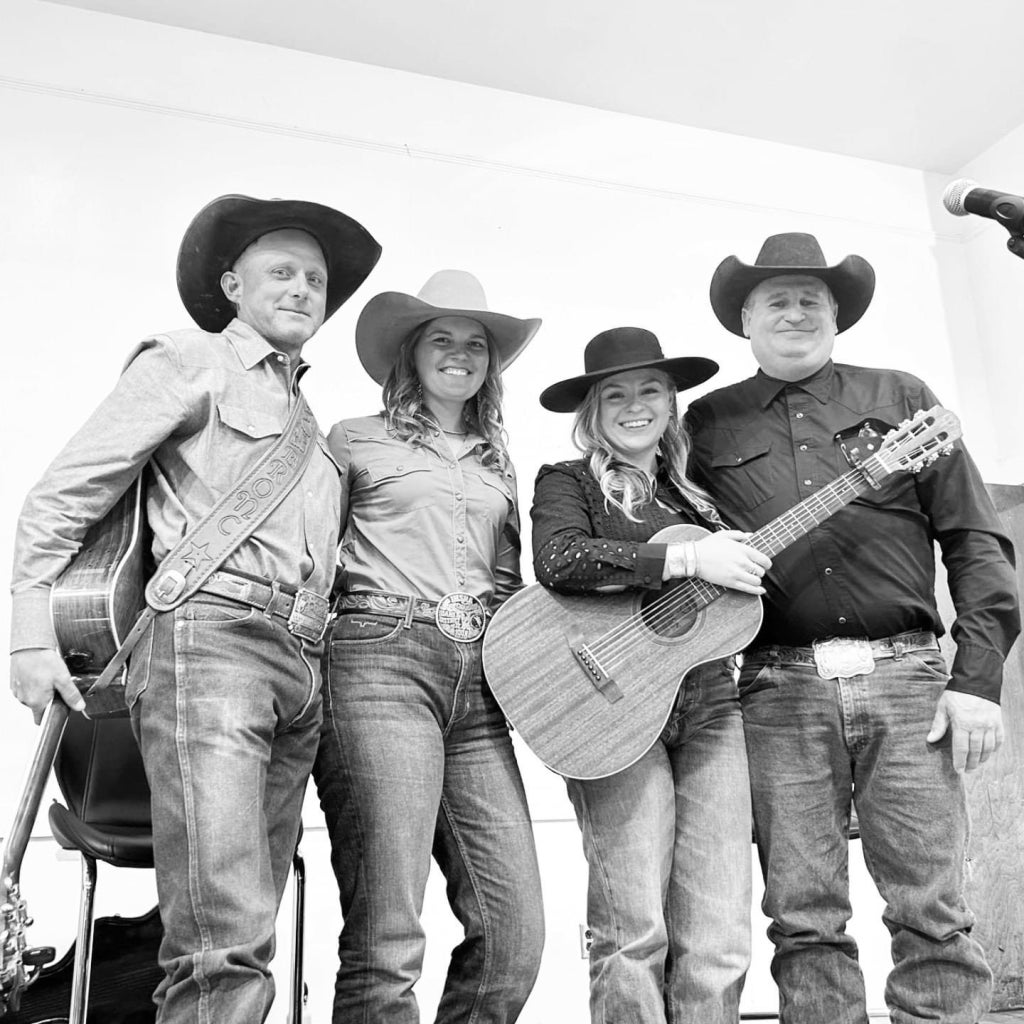 Holden’s community includes Matt Robertson (far left), Annie McKenzie (second from left) and Dana Worth (second from right), his friends and fellow cowboy poets. Photo courtesy of Darrell Holden.