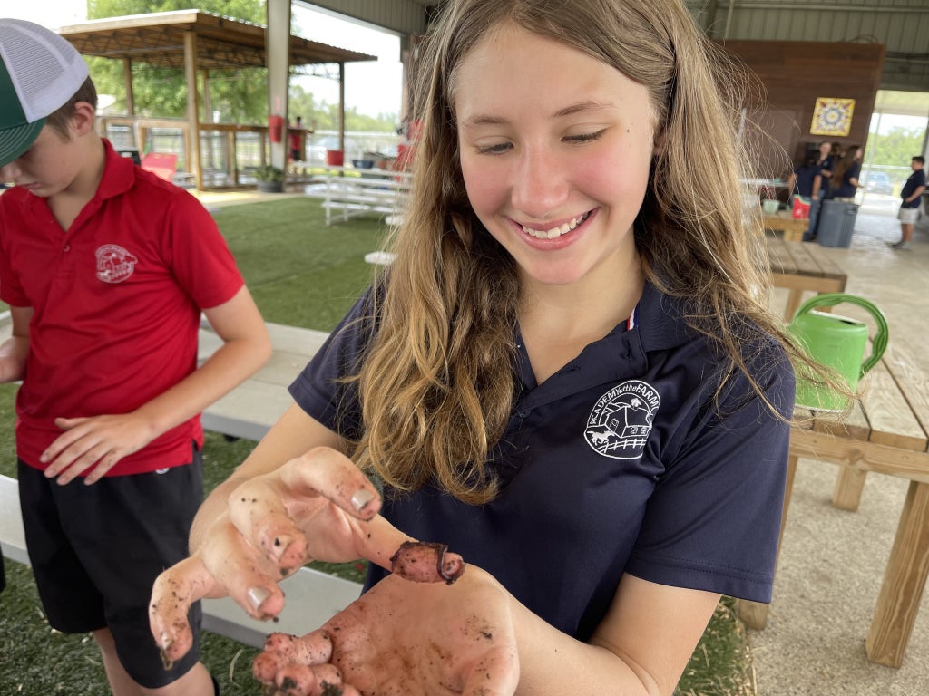 Harley Cameron, one of the barn managers, shows off a worm from the school’s worm farm. The worms are fed leftover food scraps from the school’s cafeteria. Photo courtesy of Robin Carter.