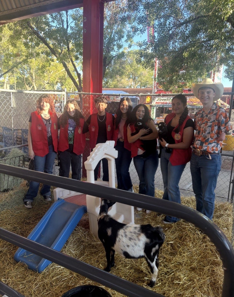 The Mesa Vista FFA Chapter stands inside the miniature goats’ pen at the Red Barn.