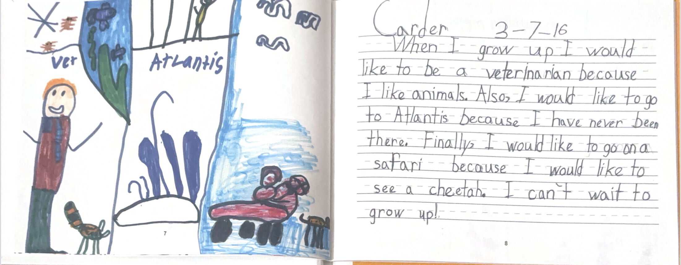 A page out of Burgener's first-grade class book, "When I Grow Up." The students were tasked to write and illustrate their futures; he chose to be a veterinarian.