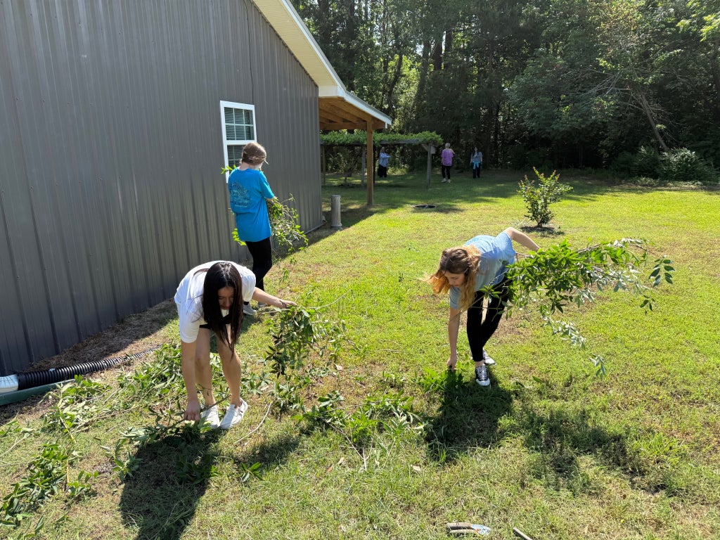 FFA members pick up bush trimmings from the yard. 