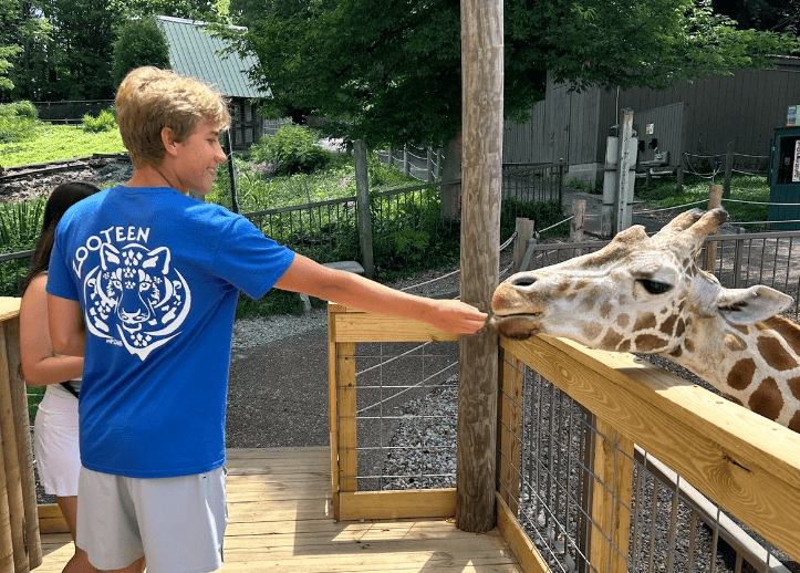 Carder Burgener is seen feeding Clementine, the giraffe, with a guest.