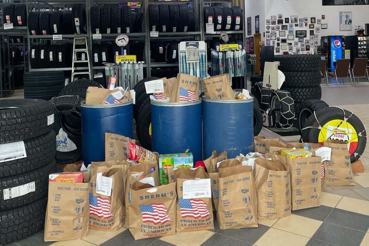 The donated and sorted food at Sutherlin Lauren Young Les Schwab Tire Center.