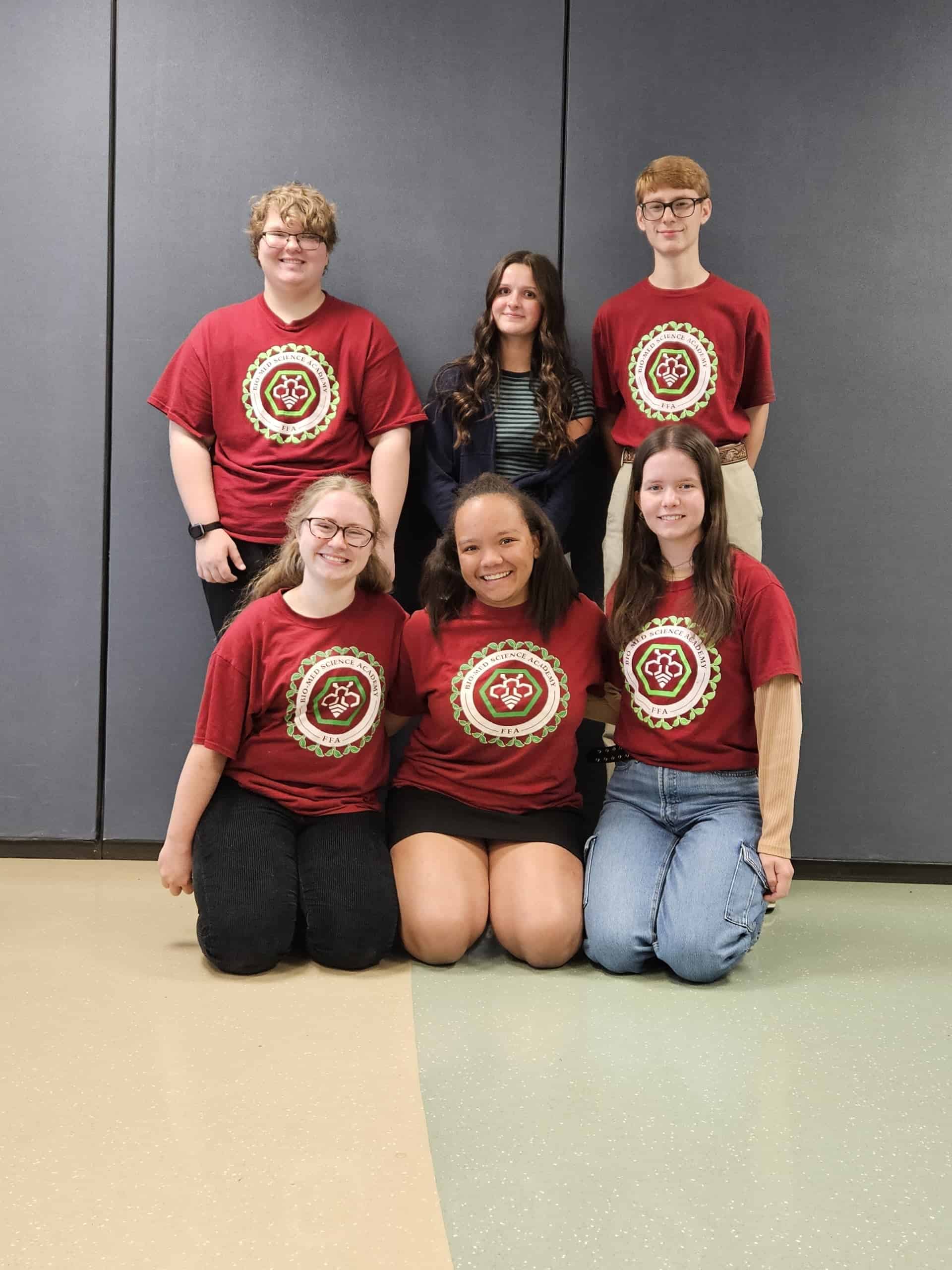 The Bio-Med Science Academy FFA Officer Team for the 2024-25 school year, from left to right: Liam Basta (Secretary), Brynn Bird (Reporter), Charlie Kamenash (Sentinel), Leila Harper (Vice President), Gracy Smith (President) and Olivia Davies (Treasurer).