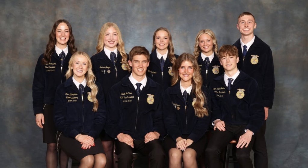 The Iowa FFA 2025-26 State Officer Team includes back row, left to right: Southwest Vice President Laura Steinkamp, Northeast Vice President Lindsay Beyer, Northwest Vice President Nora Pickhinke, South Central Vice President Kelsey Greenslade and North Central Vice President Jagger Ferrie; front row, left to right: State President Chloe Zittergruen, State Secretary Adam McCrea, State Reporter Hannah Gross and Southeast Vice President Cooper VanderHeiden.