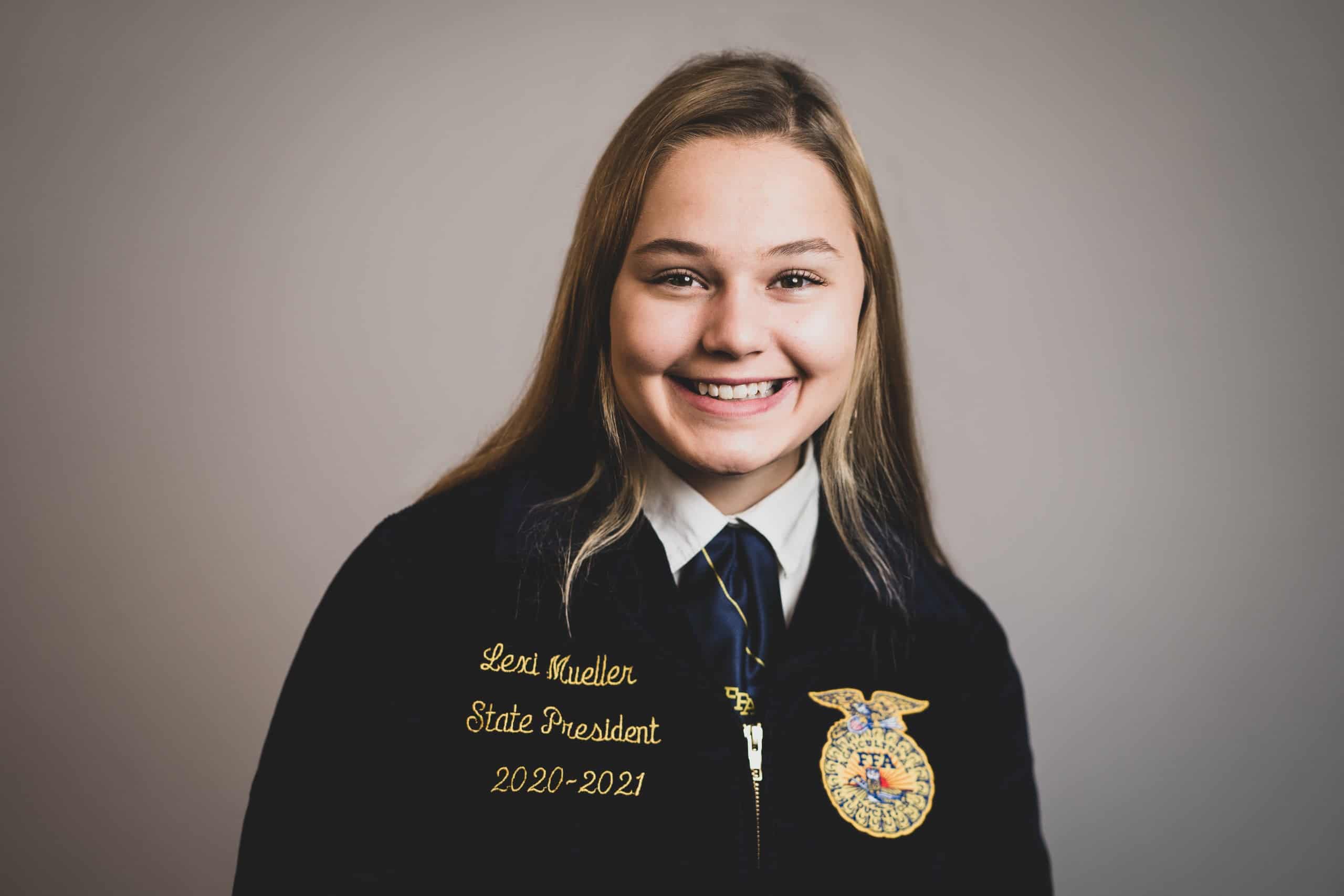 Lexi Mueller, the 2020-21 Illinois FFA Association President, poses for her headshot.
