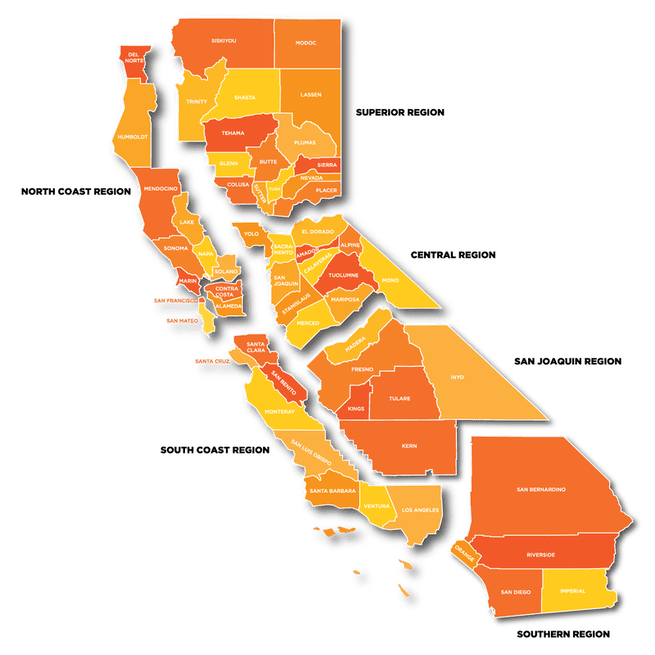 A California FFA regional map showing the 6 regions of the state association.