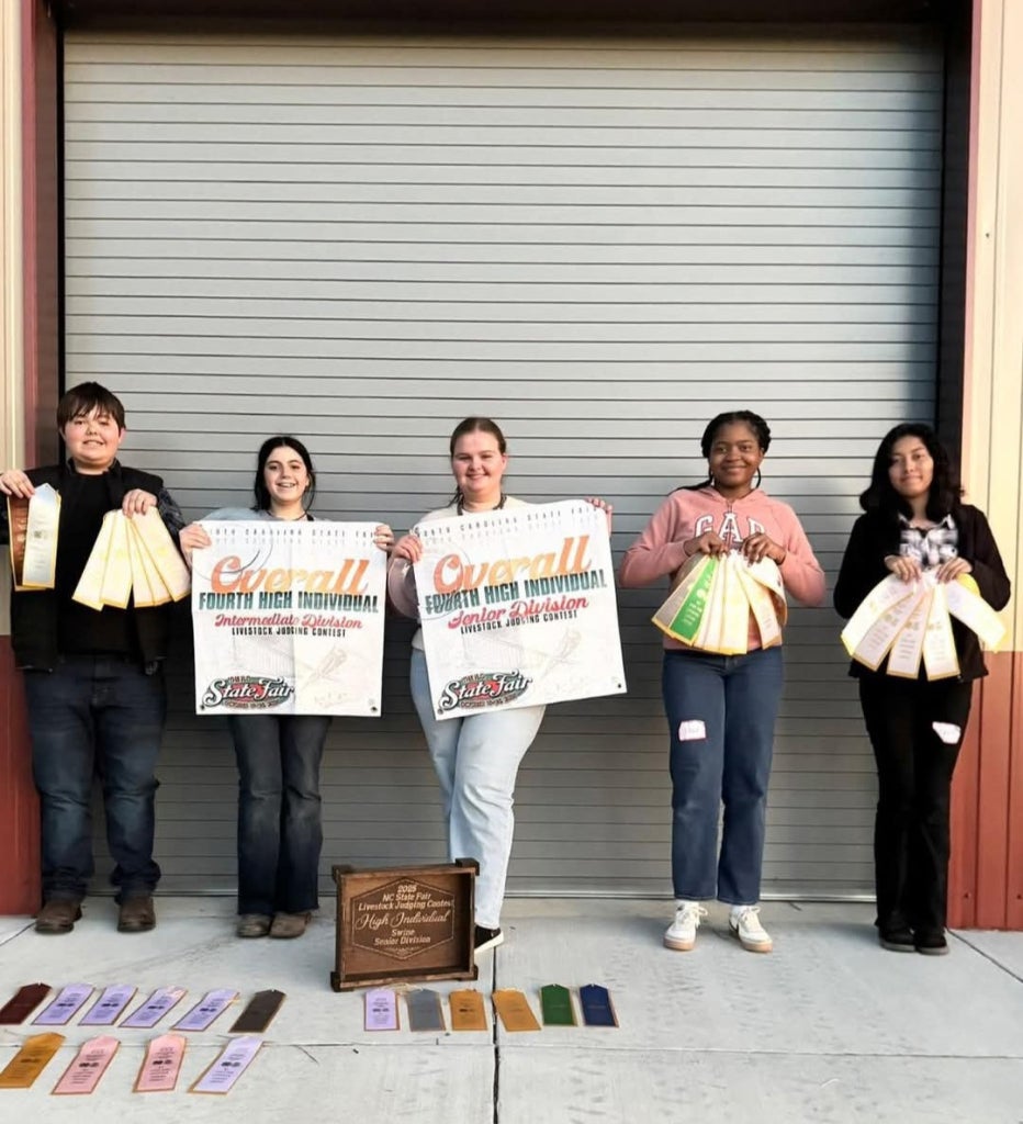 Five members from the Junior and Senior Division Livestock Evaluation NECP teams, with their placements of the season and state fair competitions.
