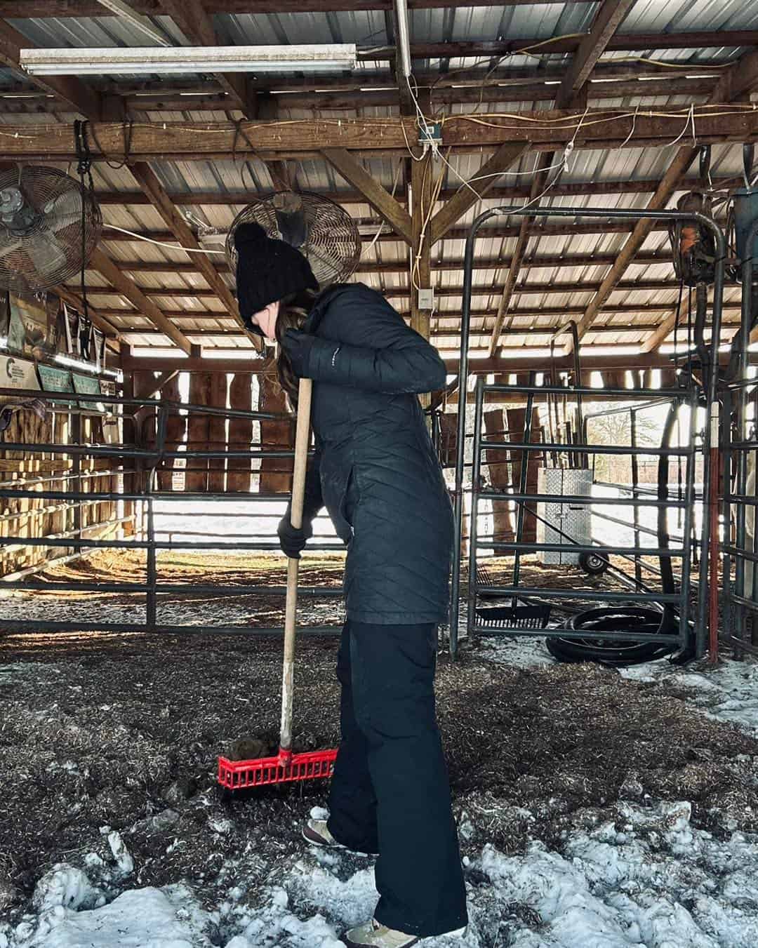 Devyn Frazier cleans the barn for her show cattle.