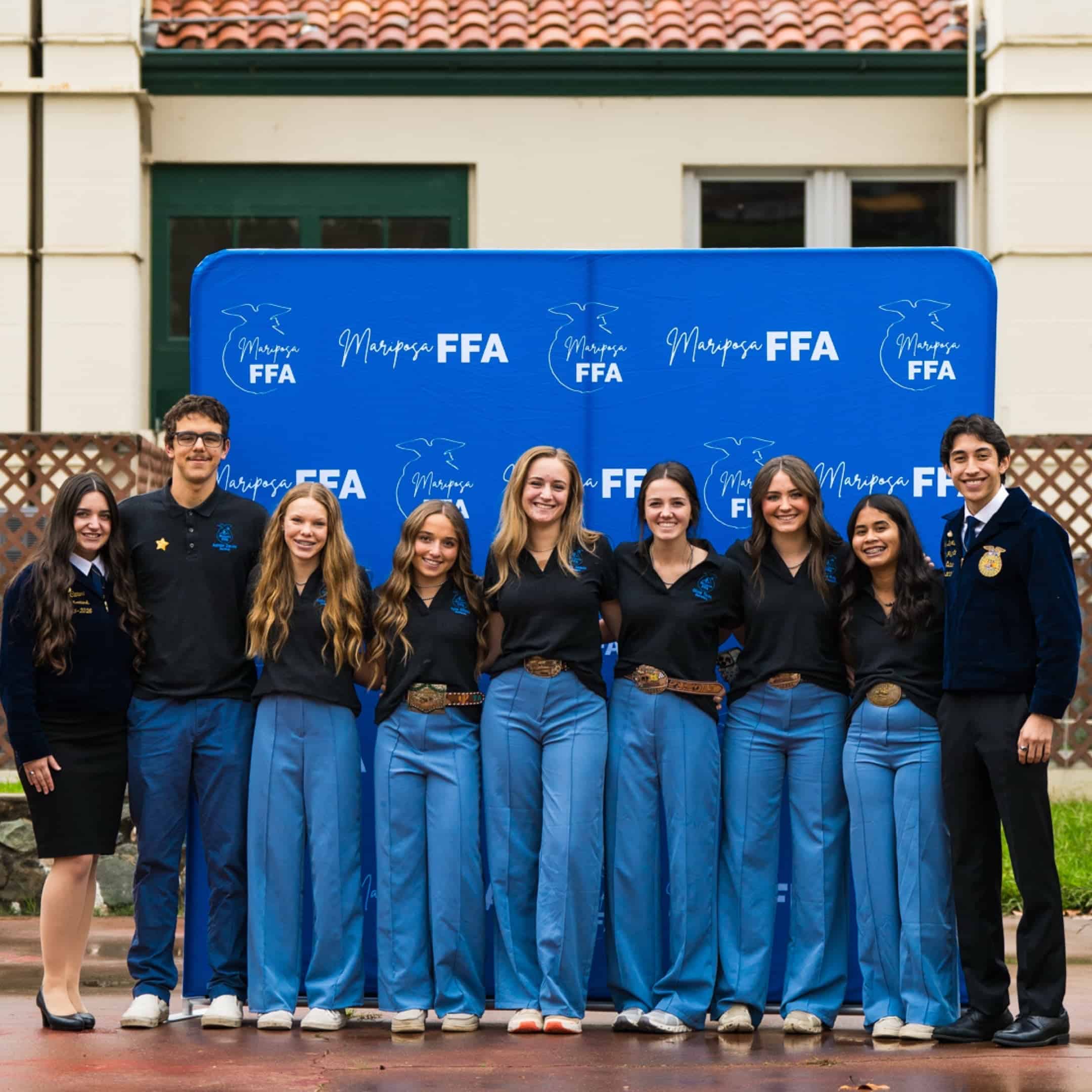 Members of the 2025 Mariposa FFA Chapter Officer Team are pictured with California FFA State Sentinel Sophia Camo (far left) and Vice President Noah Kamea (far right). Chapter officers include Ashton Davies, Abby Beery, Tylie Allison, Paisley Allison, Livie Twiss, Chloe King and Maddie Cole. Photo by Jade Lust.
