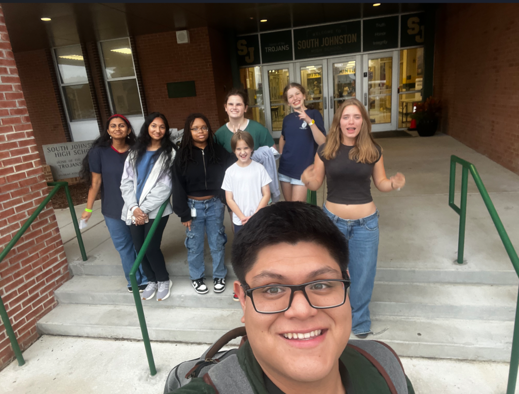 Manzanarez with members of his chapter officer team at Enloe Magnet High School while visiting Sanderson High School for a regional event.