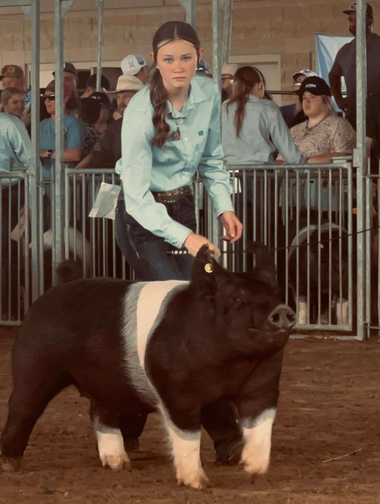 Kenadee DeDear leads her swine SAE project.