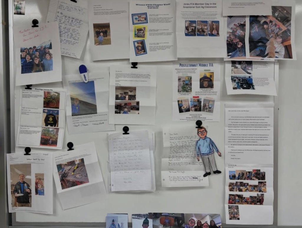 The Jenks FFA Chapter’s whiteboard shows all of the letters it has received from fellow FFA chapters.