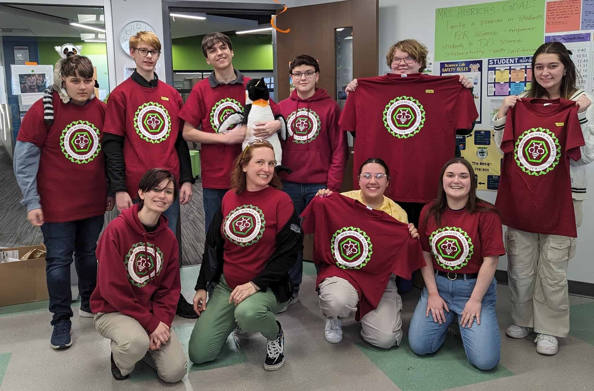 Members of the Bio-Med Science Academy FFA Chapter proudly showing off their matching chapter shirts.