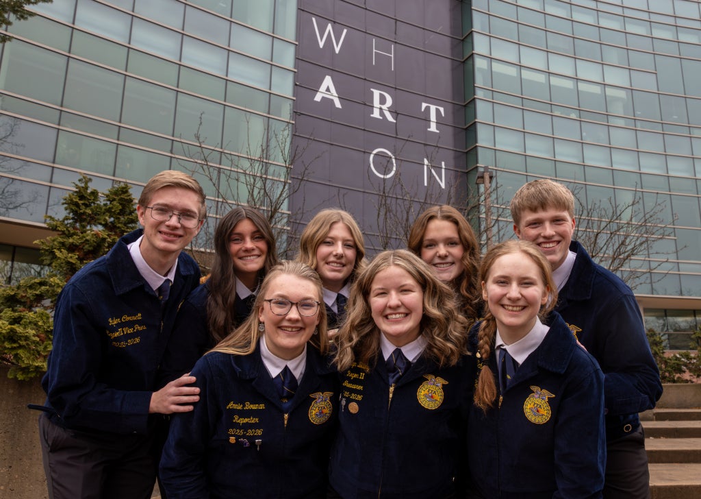 The newly elected 2026-27 Michigan FFA State Officer team. Top row (right to left): State Reporter Ryder Cornett, State Vice President At-Large Danica Bancroft, State Vice President At-Large Rylee Miller, State President Frankie Eddy and State Secretary Sean Dammann. Bottom row (right to left): State Sentinel Annie Bowman, State Treasurer Kamryn Billings and State Vice President Emma Schroeder.