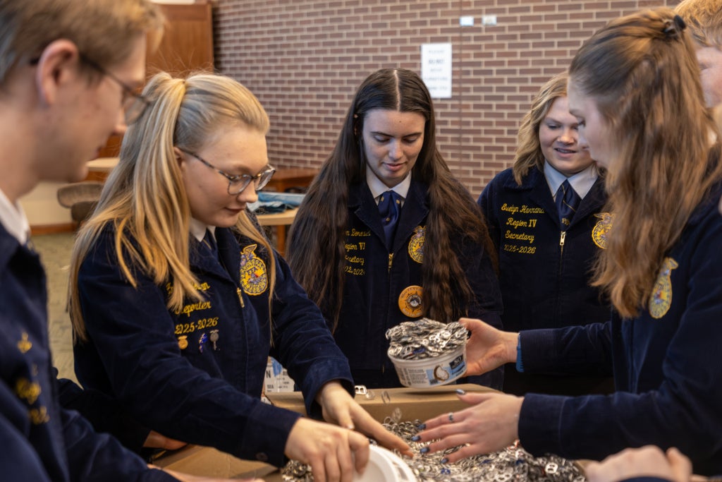 FFA Members collecting pop tabs for the annual Michigan FFA State Convention service project. Left to right: Ryder Cornett, Annie Bowman, Alison Borowski, Evelyn Harrand and Maleah Roth.