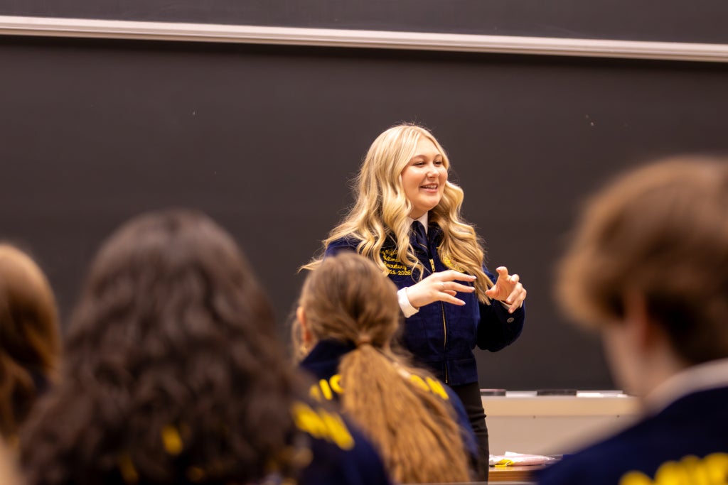 National FFA Secretary Lilly Nyland facilitating a student workshop at the 98th Michigan FFA State Convention.