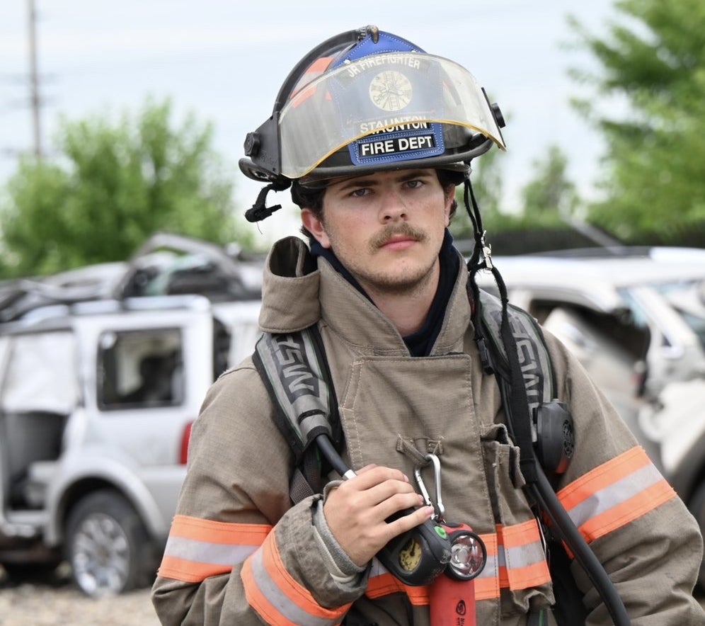 Nelson Milner wearing his firefighter gear at Cadet Explorer Fire School.