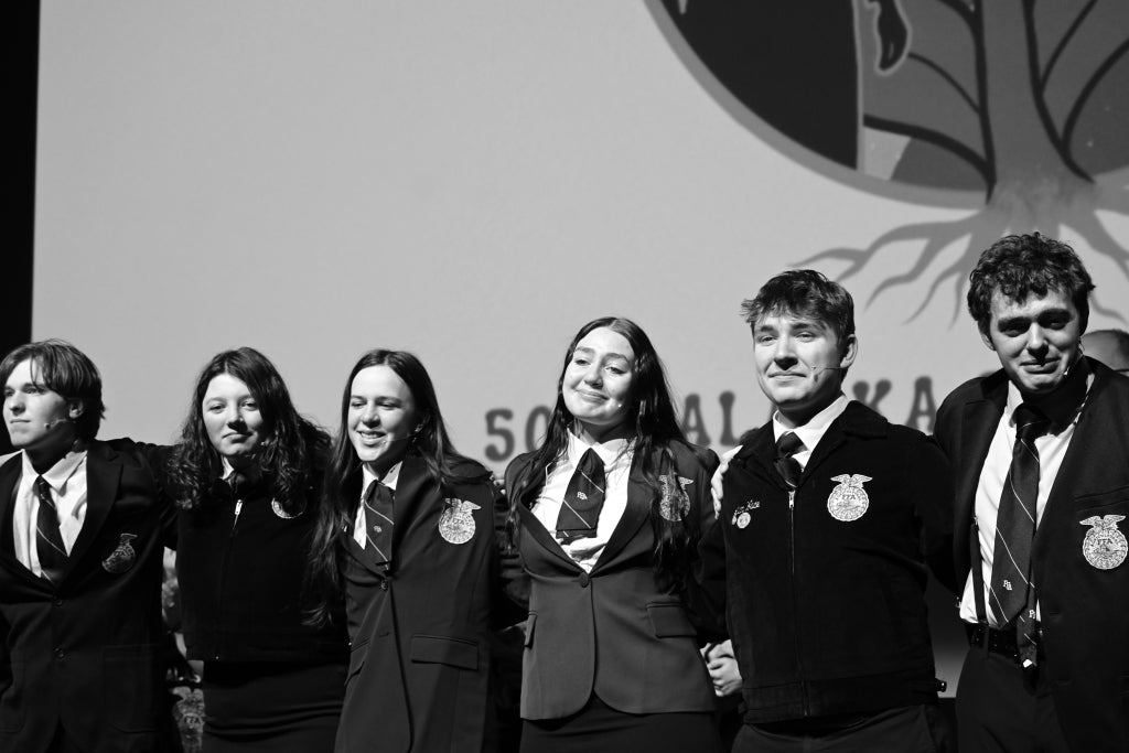 The 2025-26 Alaska State Officer Team. From left to right: Jakob Bergey, Faith Stewart, Morgan Carlson-Kelly, Emily Faulkner, Liam Wade and Aaron Siegel.