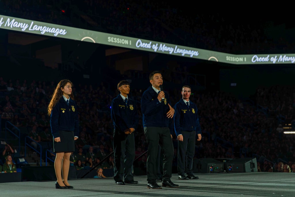 Alexander Lopes presenting the fourth paragraph of the FFA Creed in Portuguese. Photo taken by California FFA Press Corp. member Ryan Tolmosoff of the Merced-Stone Ridge Christian FFA Chapter.