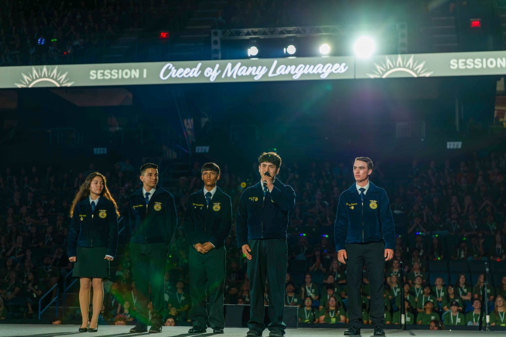 Jesus Garcia presenting the second paragraph of the FFA Creed in Spanish. Photo taken by California FFA Press Corp. member Ryan Tolmosoff of the Merced-Stone Ridge Christian FFA Chapter.