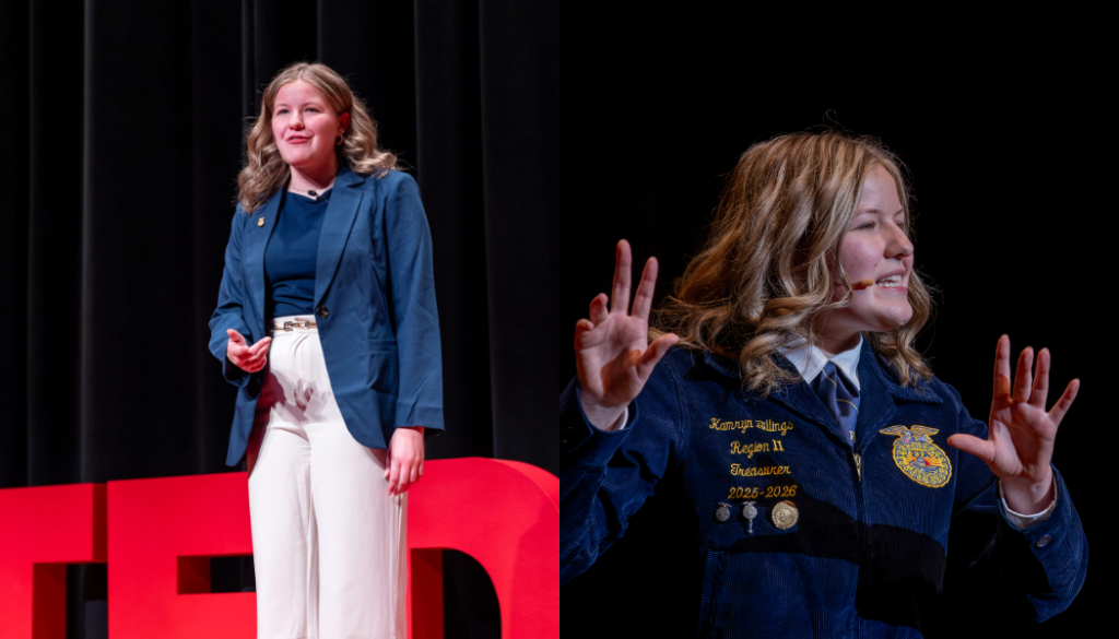 Kamryn Billings speaking at Tedx WCC (left) and on the main stage at the Michigan FFA State Convention (right). 