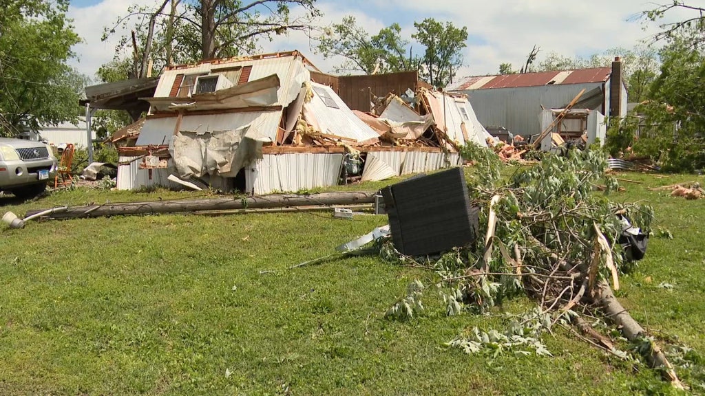 Mobile home destroyed by a tornado in the heart of Germantown, Ill.