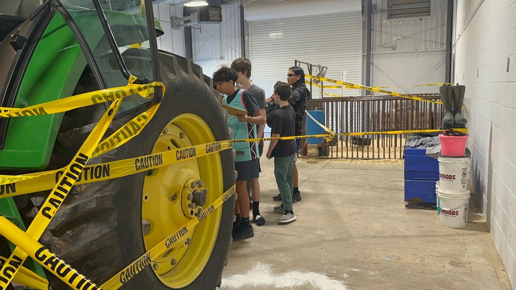 A mock Tractor Crime Scene at the Stroud FFA show barn introduced middle school students to agricultural education.