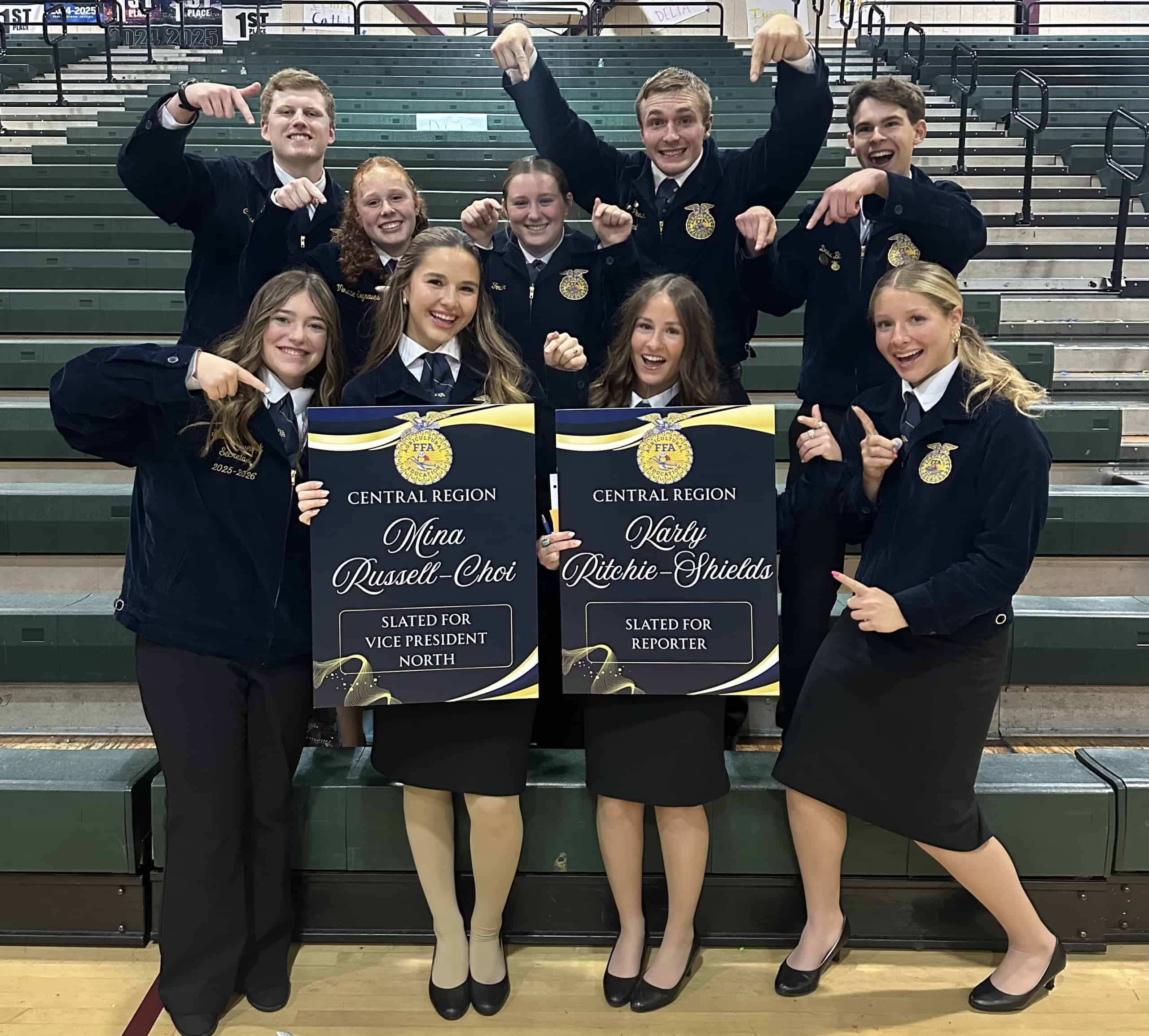 The Bret Harte FFA Chapter celebrating after two of their members were elected to to the north area vice president and reporter positions. Top row, left to right: Chase Philips, Violette Segraves, Allie Fowler, Carson Prescott and Drew Bach. Bottom row, left to right: Shawna Truelock, Mina Russel-Choi, Karly Ritchie-Shields and Iris Bender.