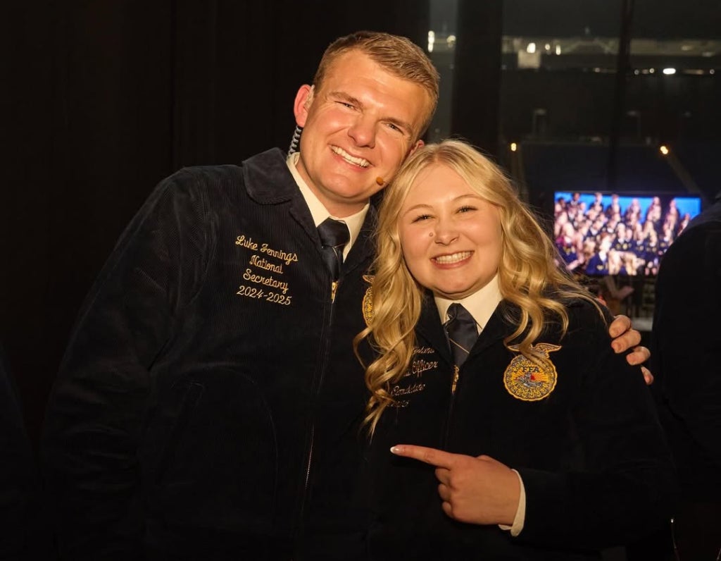 Luke Jennings, 2024-25 National FFA Secretary (left), and Lilly Nyland, 2025-26 National FFA Secretary, sharing a moment of excitement.