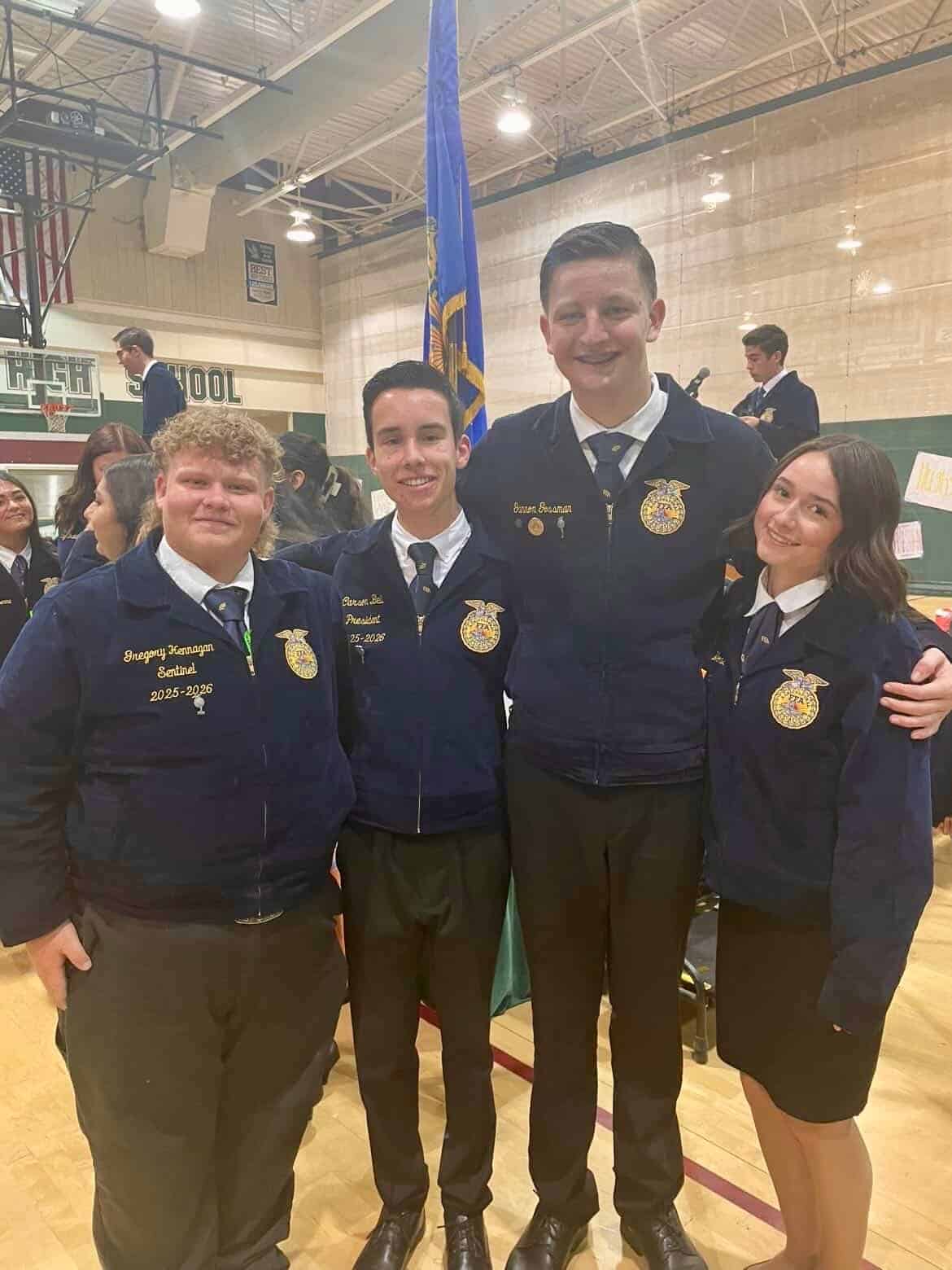 Although the Central Region is the second-largest FFA region in California, the connections across schools in the region are still incredibly strong. After the elections, members congratulated the new team. Left to right: Gregory Hennagan, Carson Bell, Gannon Gossman and Makinna Woods.