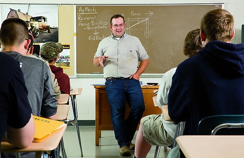 Hagerstown High School agriculture teacher Nathan Williamson teaching class.