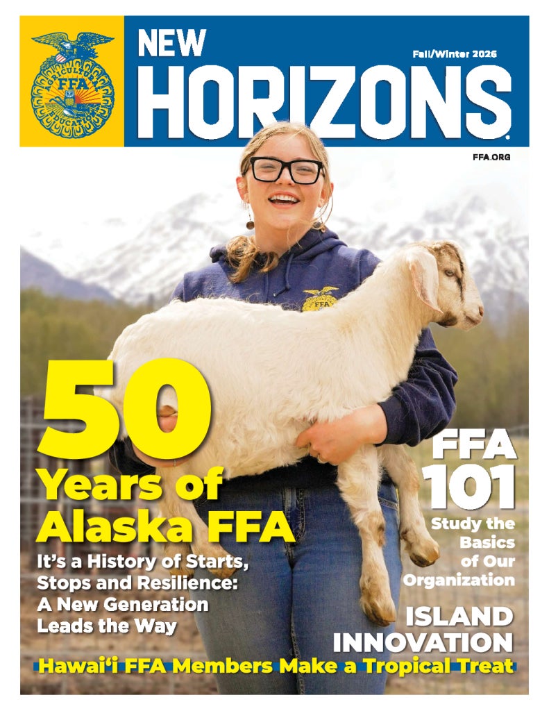 Fall Winter 2026 FFA New Horizons magazine cover featuring an FFA member holding a sheep