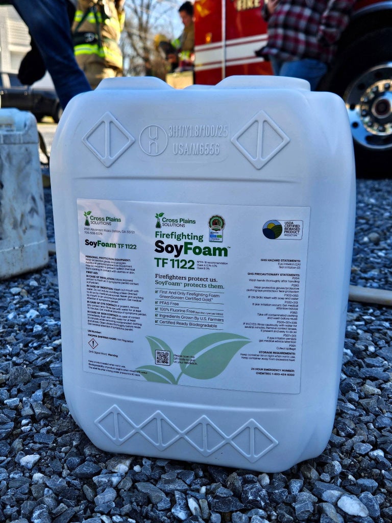 SoyFoam TF 1122 container displayed during a live fire demonstration at Debusk Volunteer Fire Department.