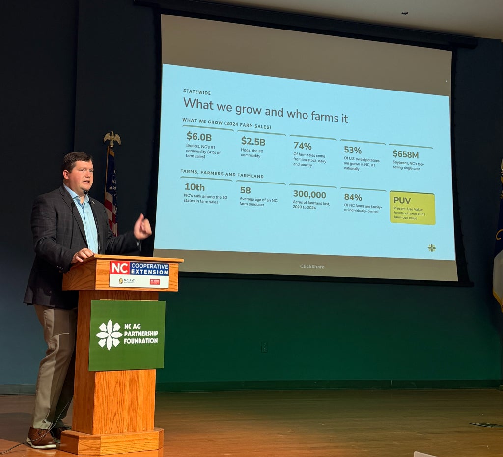 Adam Caldwell presents the opening slide during the Digital Driven Ag Event.
