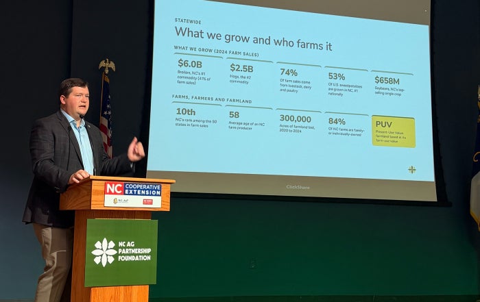 Adam Caldwell presents the opening slide during the Digital Driven Ag Event.